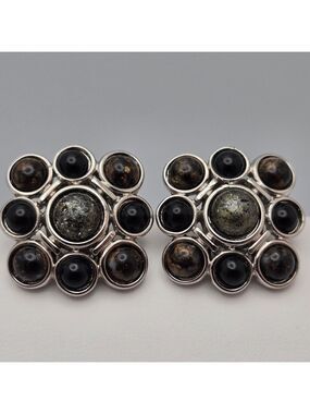 Monet Maltese Cross Clip-On Earrings Black Onyx Cabochon Silver Tone